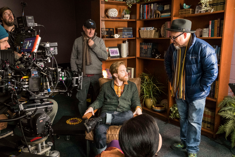 Goldthwait (at right) with Seth Green during the filming of “Bubba the Bear.”